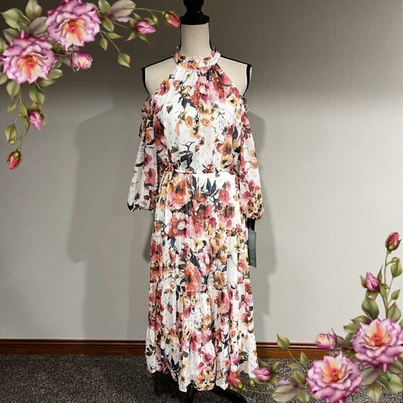 Sam And Jess 3/4 Sleeve Cold Shoulder Floral Midi Fit + Flare Dress - Picture 1 of 16